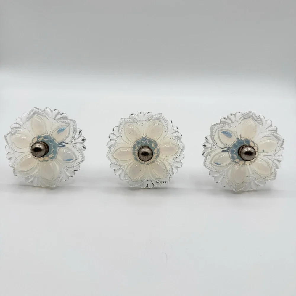 19th C Victorian Opalescent Pressed Sandwich Glass Flower Drapery Tiebacks 3 Set